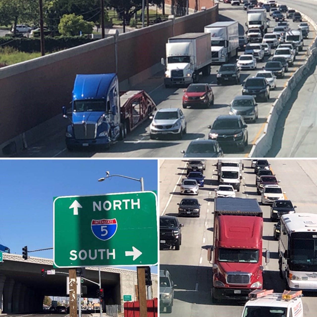 Collage of photos of trucks and traffic on I-5