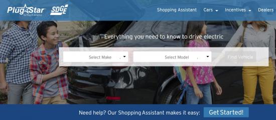 A Screenshot of the plugstar.com/sdge EV shopping web portal