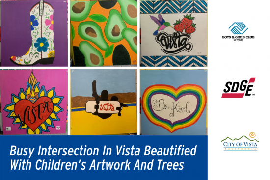 Busy Intersection In Vista Beautified With Children’s Artwork And Trees 